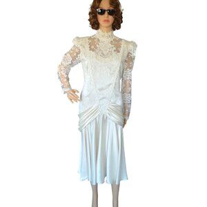 Vintage 80s Ivory Lace Satin 20s Flapper Revival Drop Waist Wedding Dress Size 8